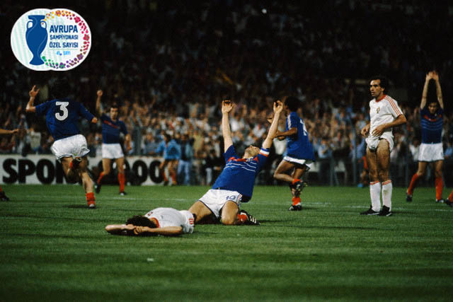 23 Jun 1984, Marseilles, France --- France's captain Michel Platini celebrates after scoring the final goal in overtime of the semi-finals of the 1984 UEFA Euro against Portugal. --- Image by © Gerard Rancinan; Pascal Kyriazis/Sygma/Corbis